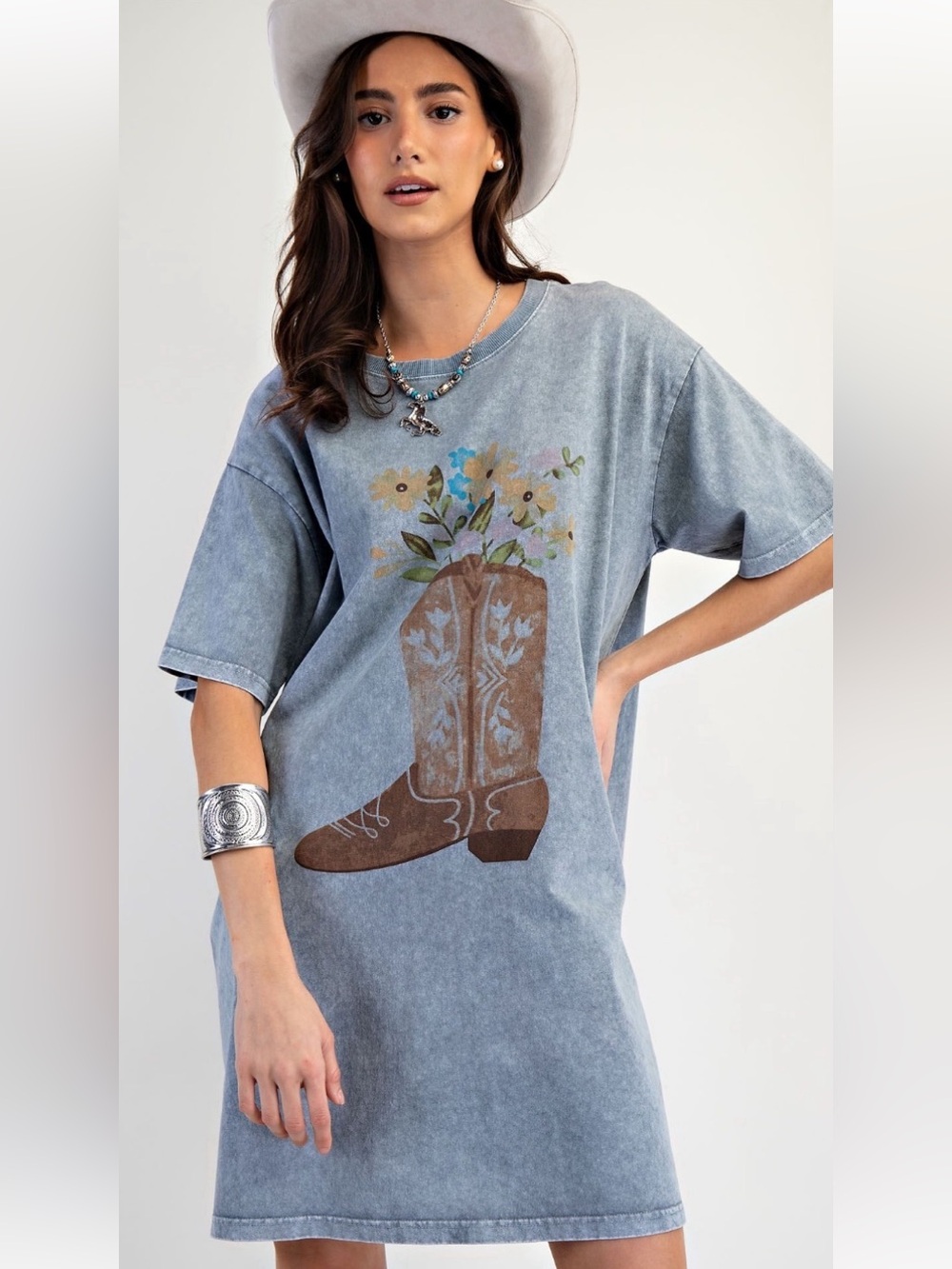 easel Blue Mineral-Wash Tee Dress with Brown Cowboy Boot Graphic